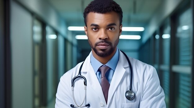 Photo un médecin afro-américain se tient dans le couloir de l'hôpital.