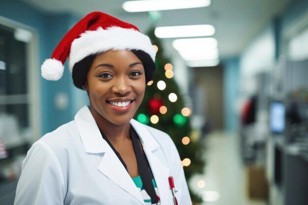 Une médecin afro-américaine portant un chapeau de Père Noël sourit et regarde la caméra.