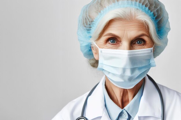 Une médecin âgée portant un masque de protection et une casquette isolée sur un fond blanc