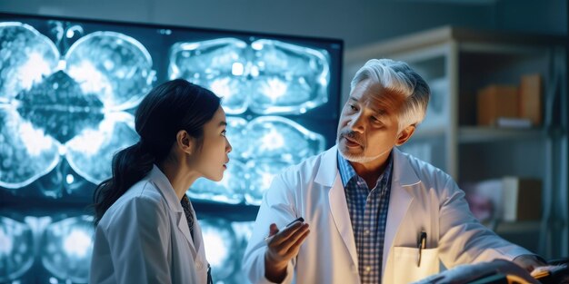 Un médecin asiatique aîné travaille avec un jeune stagiaire à l'hôpital.