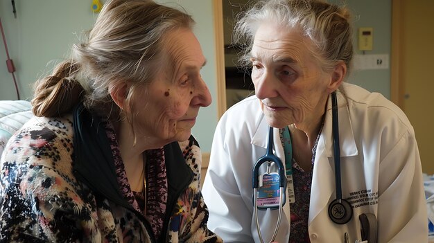 Photo une médecin attentionnée qui parle à un patient âgé, se regardant l'un l'autre avec compassion et compréhension.