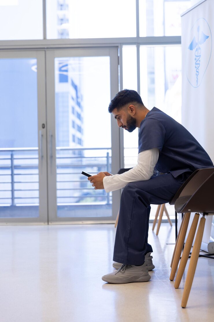 Photo un médecin biracial utilisant un smartphone dans la salle d'attente de l'hôpital