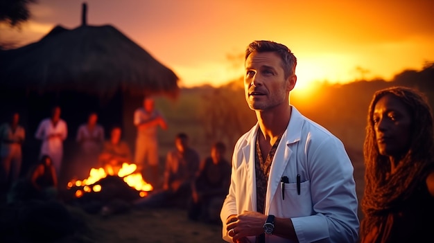 un médecin blanc aidant à une mission dans un pays africain avec un feu de joie en arrière-plan