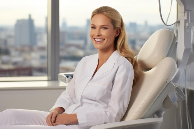 Une médecin blonde confiante assise dans un cabinet de dentiste moderne.