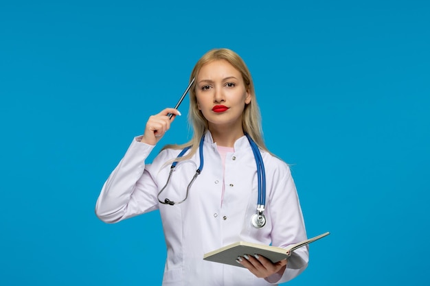 Médecin blonde de la journée mondiale des médecins tenant un stylo et un cahier avec le stéthoscope dans la blouse de laboratoire