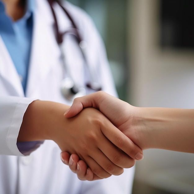 Médecin en blouse blanche avec phonendoscope serre la main avec le patient un médecin rendez-vous médical