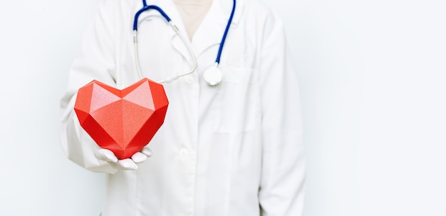 Médecin en blouse blanche avec stéthoscope détient coeur rouge