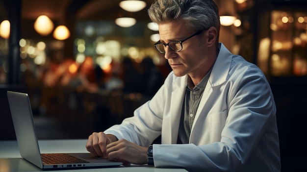 Médecin en blouse blanche travaillant sur un ordinateur portable et préparant des informations pour les patients