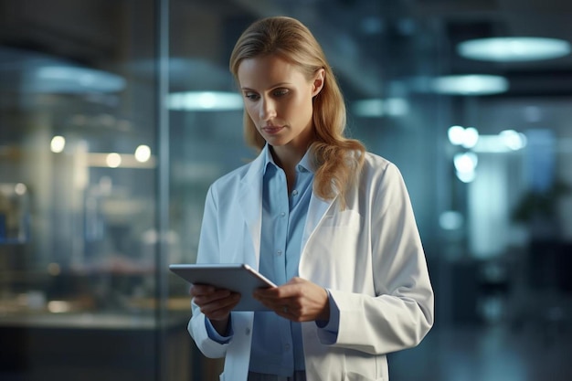 Une médecin en blouse de laboratoire blanche qui utilise une tablette.