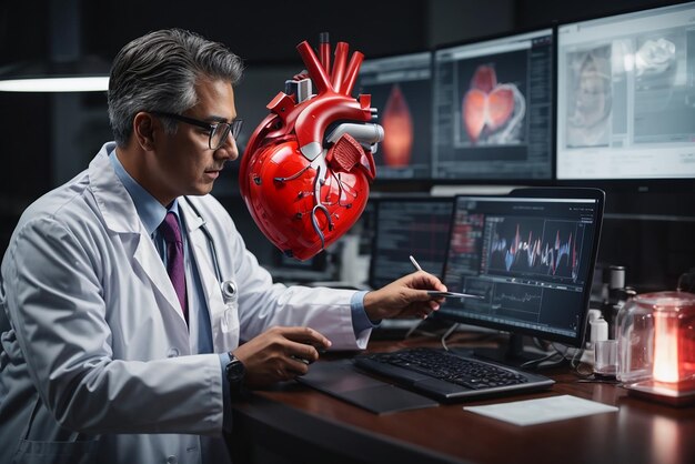 Photo médecin cardiologue diagnostique et examine le cœur virtuel du patient avec un logiciel d'intelligence