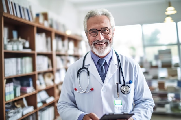 Un médecin centralisé réaliste debout dans un cabinet médical portant un manteau de laboratoire blanc