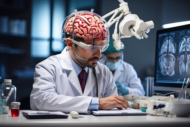 Un médecin chirurgien analyse le résultat des tests du cerveau d'un patient et l'anatomie humaine