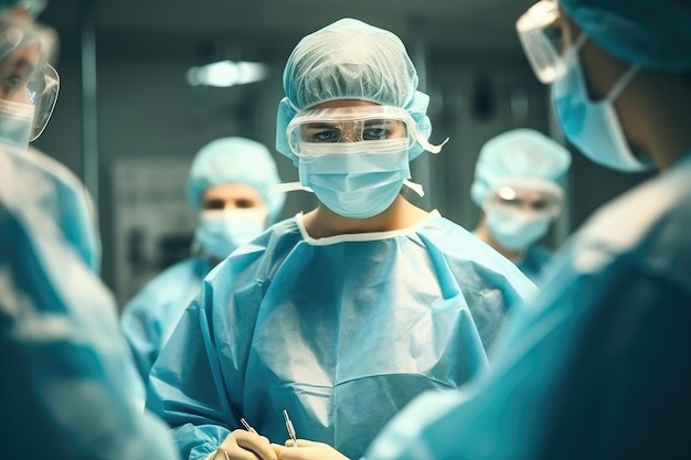 Médecin chirurgien avec une équipe de médecins travaillant dans la salle d'opération