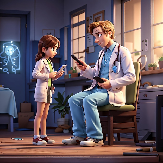 Le médecin communique avec le patient via l'illustration du personnage 3D du téléphone portable