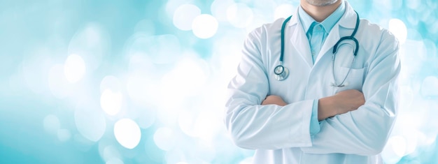 Un médecin confiant avec un stéthoscope sur un fond bleu clair flou symbolisant le professionnalisme des soins de santé AI générative