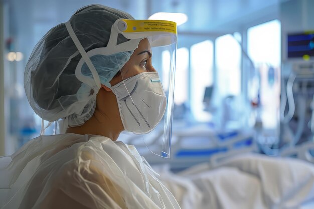 Un médecin dans une casquette et un masque se tient au-dessus d'un lit de patient contre le fond d'une chambre d'hôpital