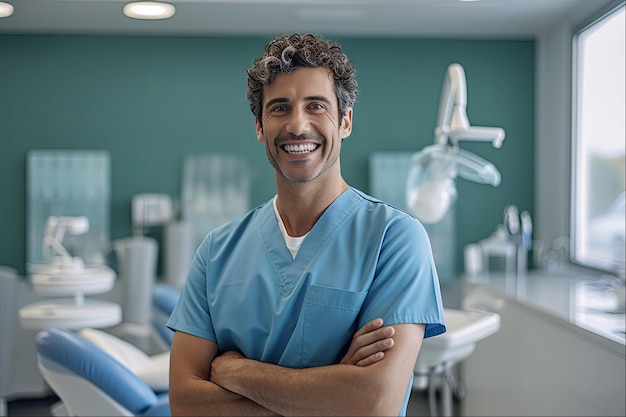 Un médecin dans un gommage bleu se tient dans un hôpital dentaire avec les bras croisés
