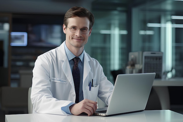 Le médecin debout avec son ordinateur portable et souriant à la caméra