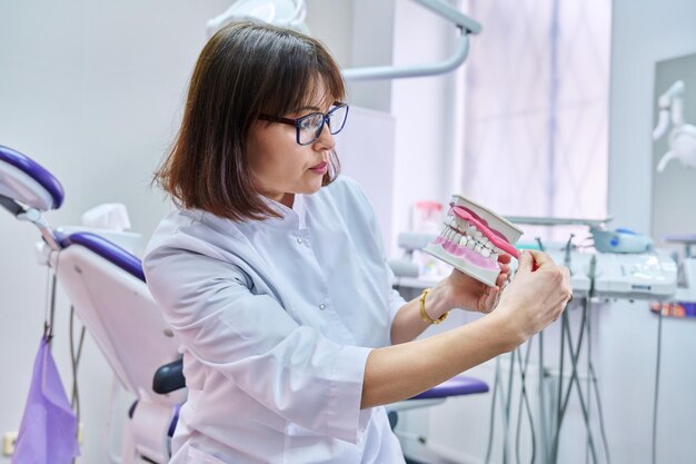 Médecin dentiste consultant en ligne en regardant une webcam montrant une mâchoire dentaire avec des dents