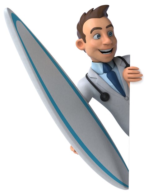 Médecin de dessin animé 3D amusant surfer