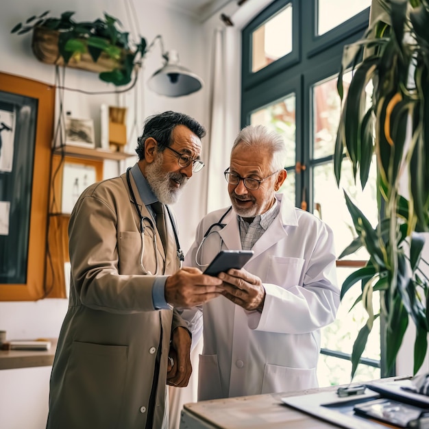 Photo le médecin discute des rapports avec le médecin du cabinet.