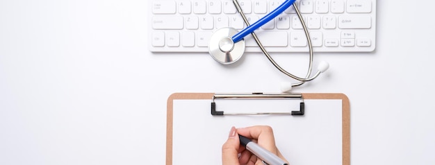 Photo une médecin écrivant un dossier médical sur un bloc-notes sur une table de travail blanche avec un clavier d'ordinateur stéthoscopique.