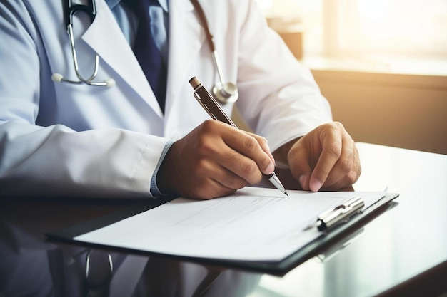 médecin écrivant sur une feuille de papier avec un stylo.