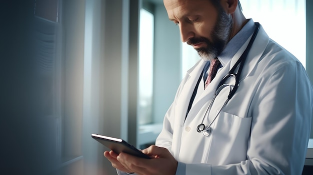 Photo le médecin effectue un examen de diagnostic à l'aide d'une tablette numérique, d'un moniteur, de soins de santé avancés et d'un système numérique.