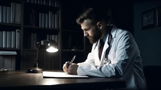 Un médecin est assis à un bureau dans une pièce sombre, écrivant sur un livre.