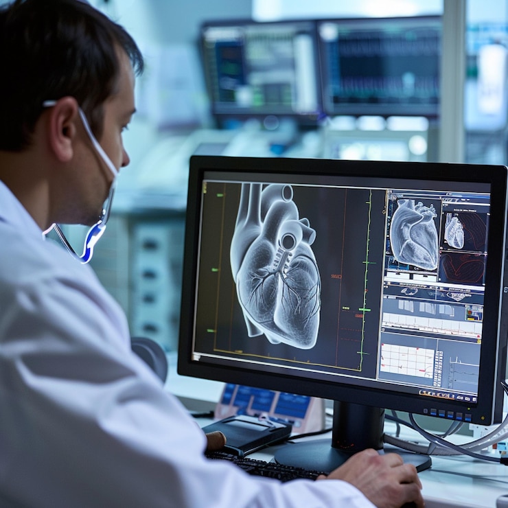 Photo un médecin examinant une image d'échocardiogramme sur un écran d'ordinateur