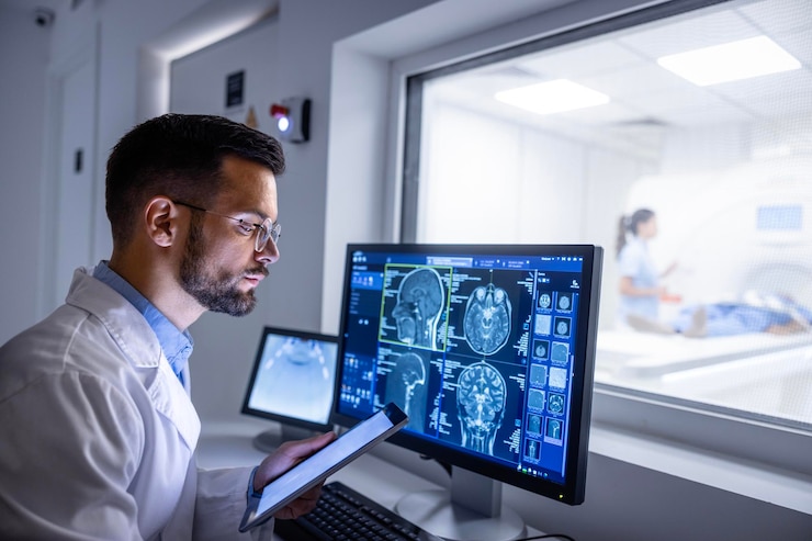 Photo le médecin examine les images aux rayons x exposées dans la salle de contrôle de l'irm.