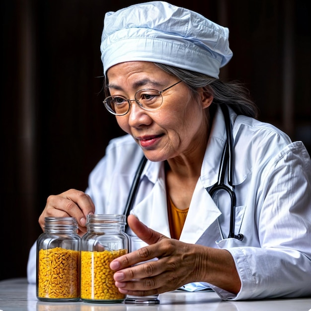 Une médecin examine des pots de poudre jaune sur la table.