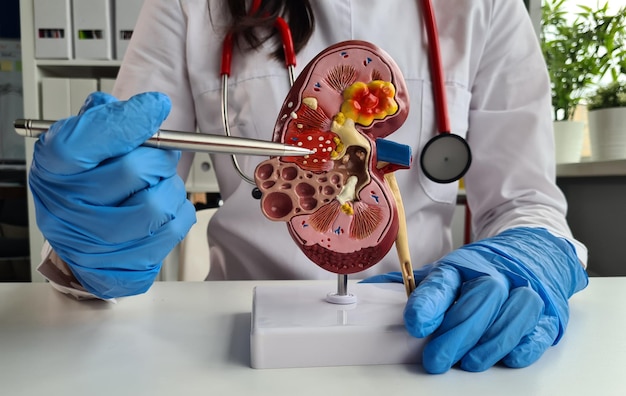 Photo un médecin explique l'anatomie des reins à un patient avec un modèle lors d'une consultation dans un bureau d'hôpital.