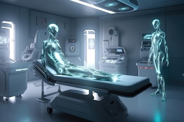 Médecin extraterrestre guérissant les malades et les blessés dans une salle d'hôpital futuriste créée avec une IA générative