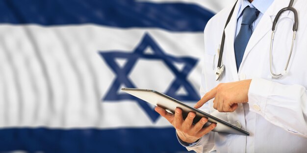 Photo médecin sur fond de drapeau israélien 3d illustration