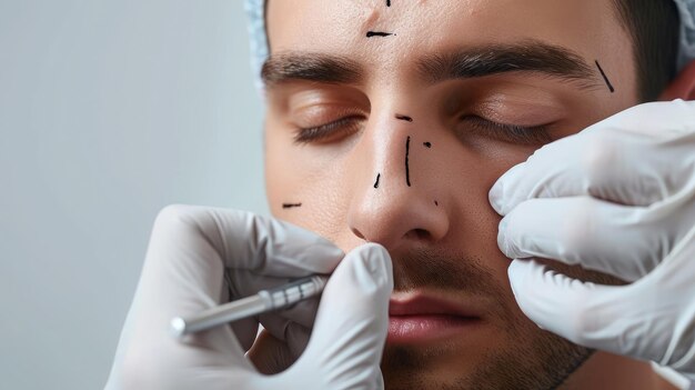 Médecin en gants de protection dessinant des marques sur le nez de l'homme pour une opération de chirurgie esthétique debout sur fond gris espace libre de studio