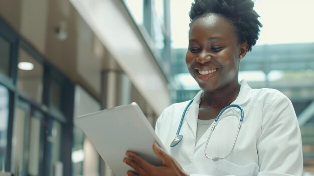 Une médecin heureuse utilise une tablette numérique à l'hôpital pour la recherche