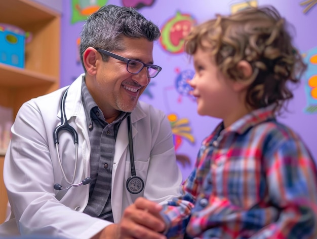 Un médecin hispanique souriant à un jeune patient.