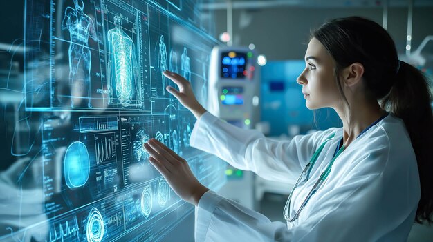 Un médecin interagit avec un affichage holographique des données du patient IA générative