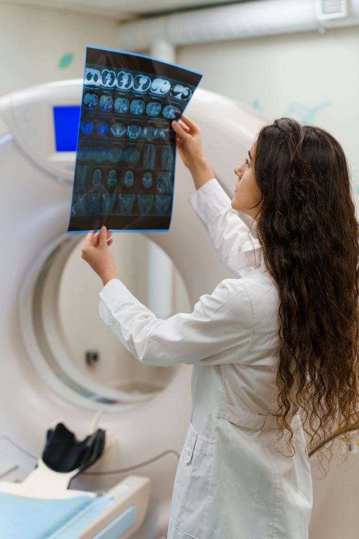 Photo médecin de jeunes femmes en blouse médicale examine les résultats à côté du scanner ct