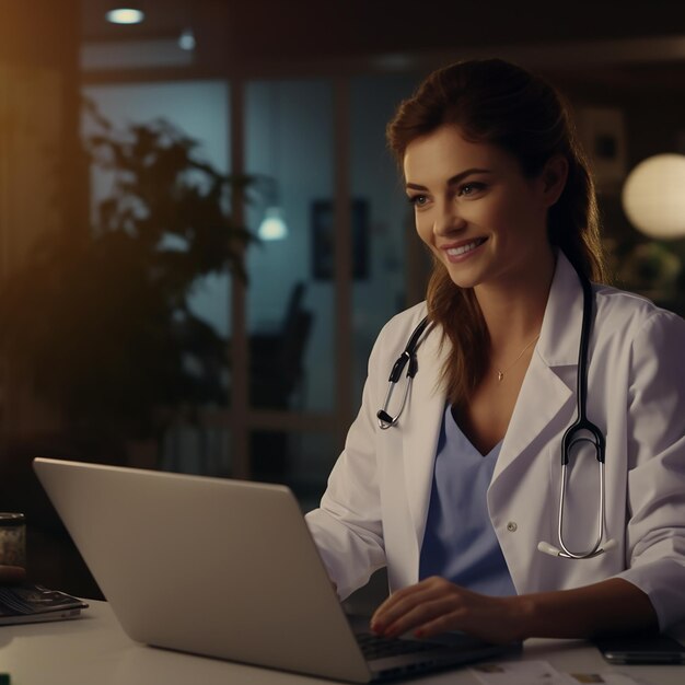 Photo une médecin joyeuse utilise un cahier de notes dans sa clinique