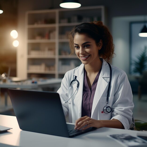 Photo une médecin joyeuse utilise un cahier de notes dans sa clinique