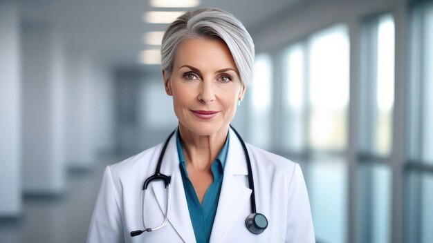 médecin en manteau blanc avec des cheveux gris avec un doux sourire sur le fond d'une chambre d'hôpital Concept de santé de la médecine moderne