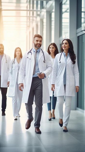 un médecin marche avec une femme dans un manteau blanc