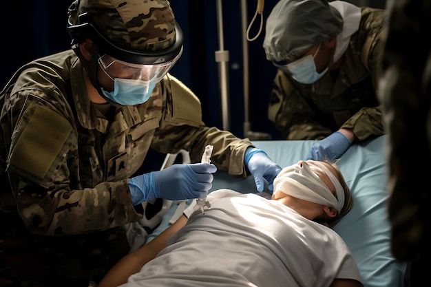 Un médecin militaire prodigue les premiers soins à un patient blessé photo horizontale