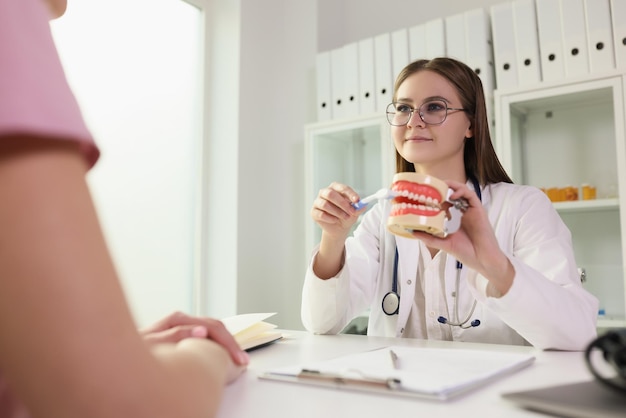 Médecin montrant au patient comment se brosser correctement les dents sur un modèle de mâchoire humaine dans une clinique dentaire