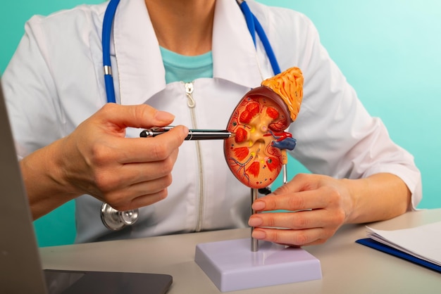 Médecin montrant un stylo sur un modèle en plastique de rein humain en gros plan