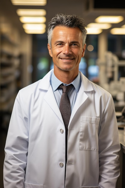 Un médecin mûr et joyeux en robe se tient dans le couloir de la clinique.