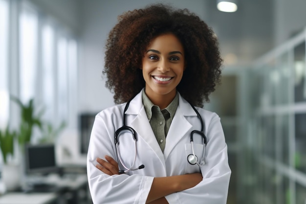 médecin noire souriante avec stéthoscope avec le bras croisé