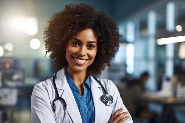 médecin noire souriante avec stéthoscope avec le bras croisé